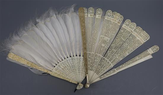 A late 18th century Chinese ivory brise fan and a 19th century Chinese ivory and feather fan